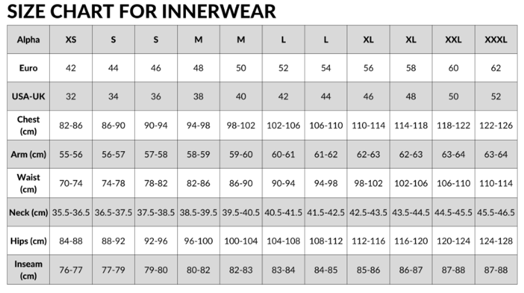 Dainese Innerwear Size Chart