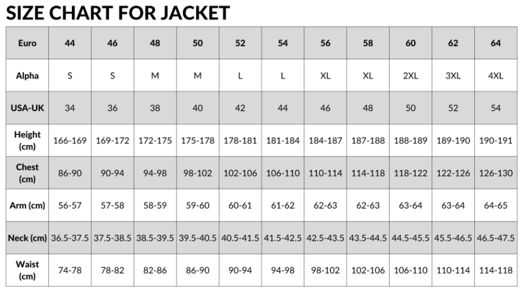DAINESE JACKET SIZE CHART
