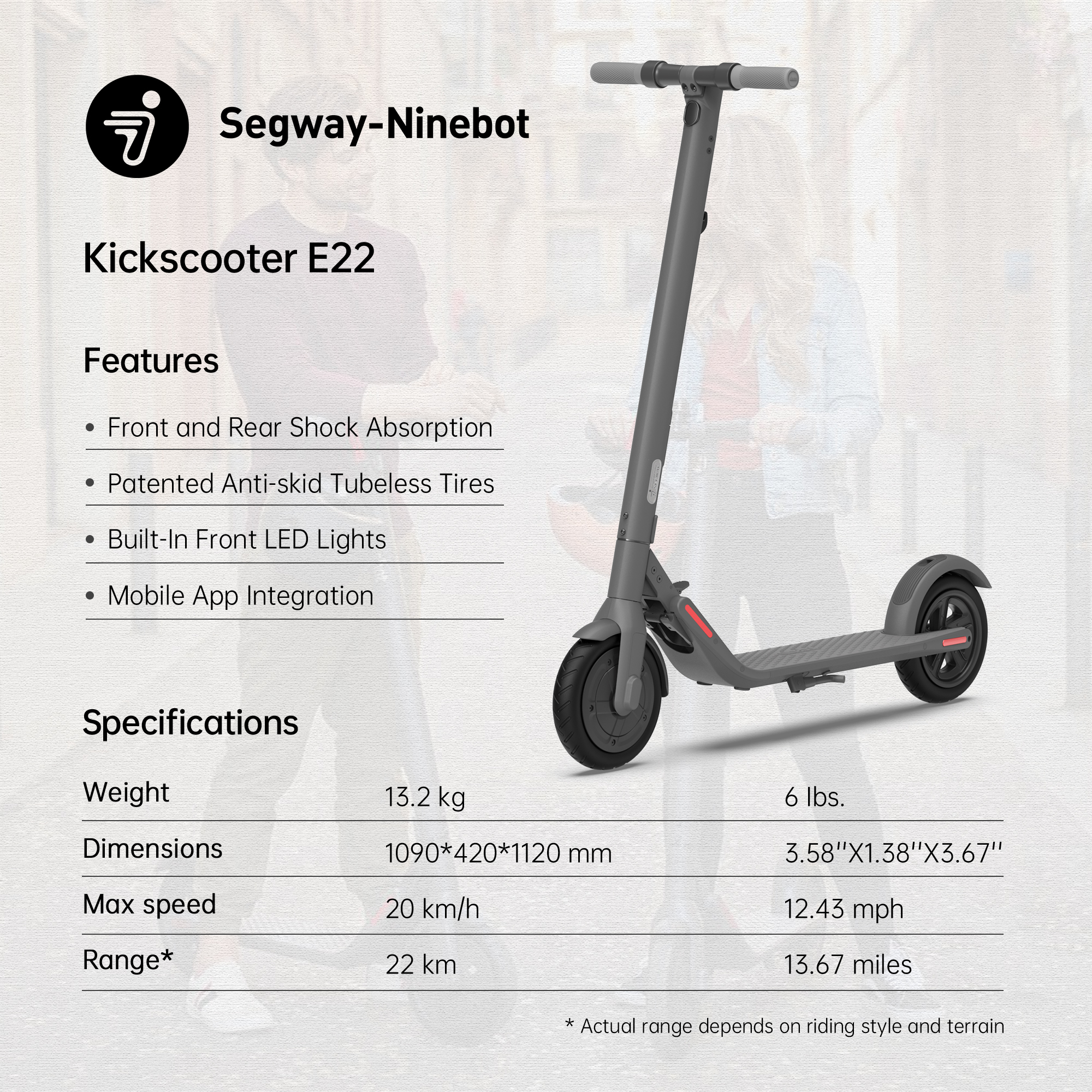 Segway Ninebot E22 Electric Scooter (300W, 20kmh, 22km Range)