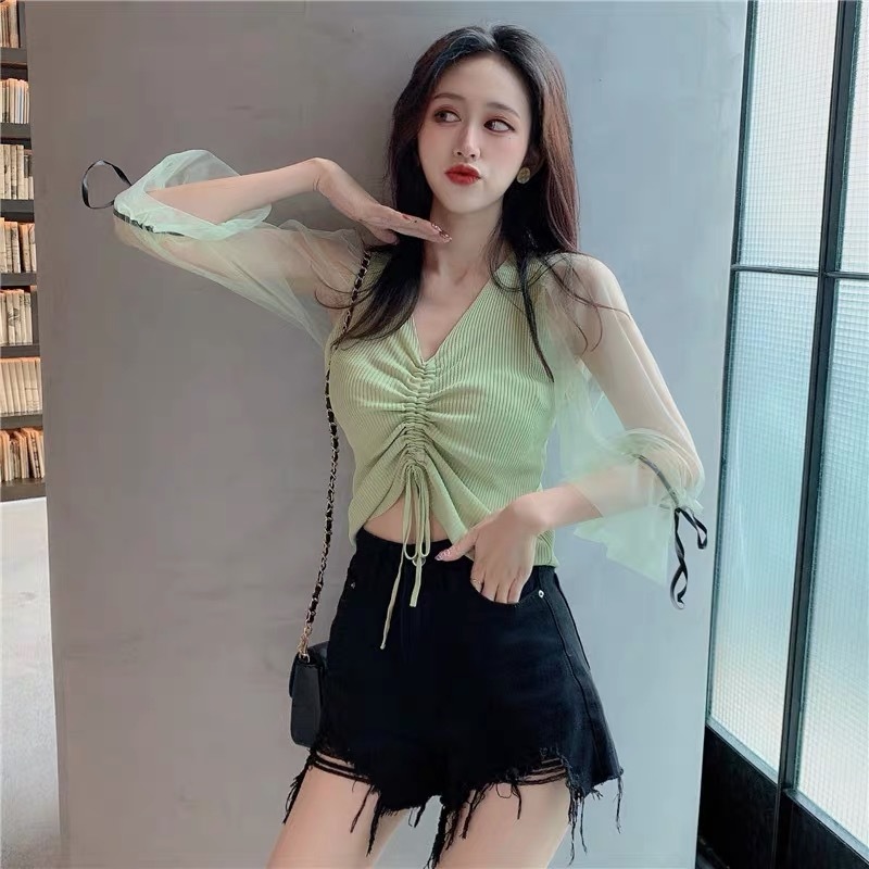 Fashion Sexy Mesh V Neck Shirt 时尚小香风气质性感网纱毛针织