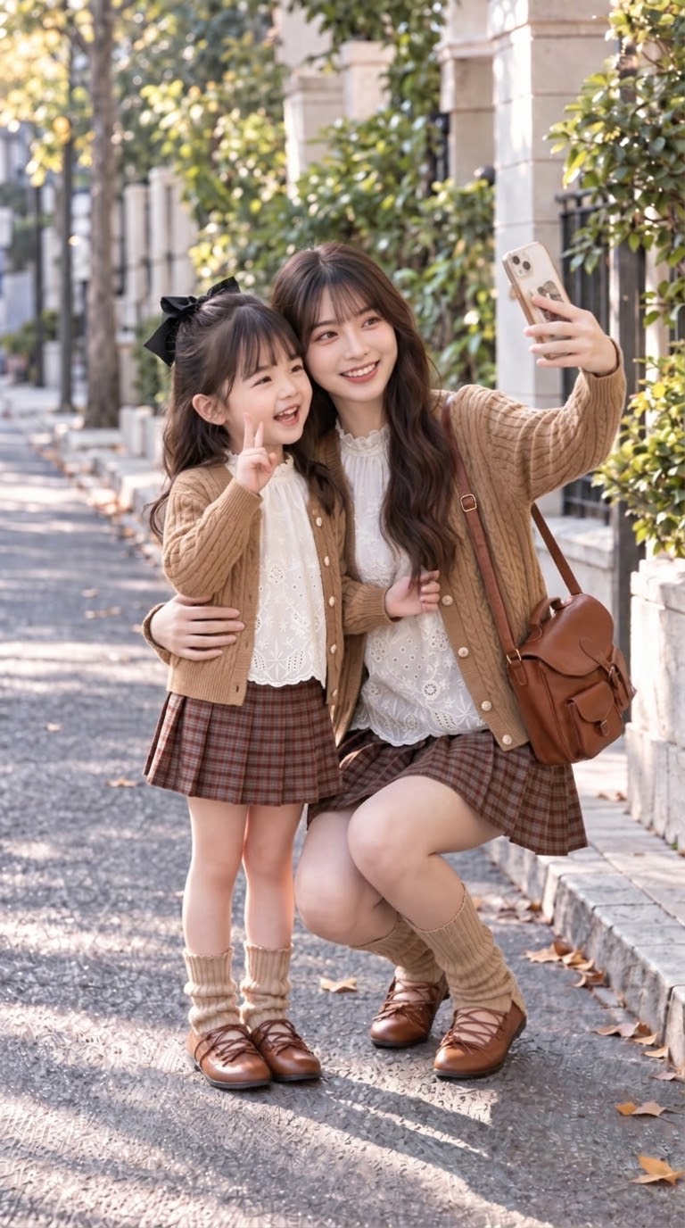 母女穿咖啡色外套與白色蕾絲上衣，戶外自拍
