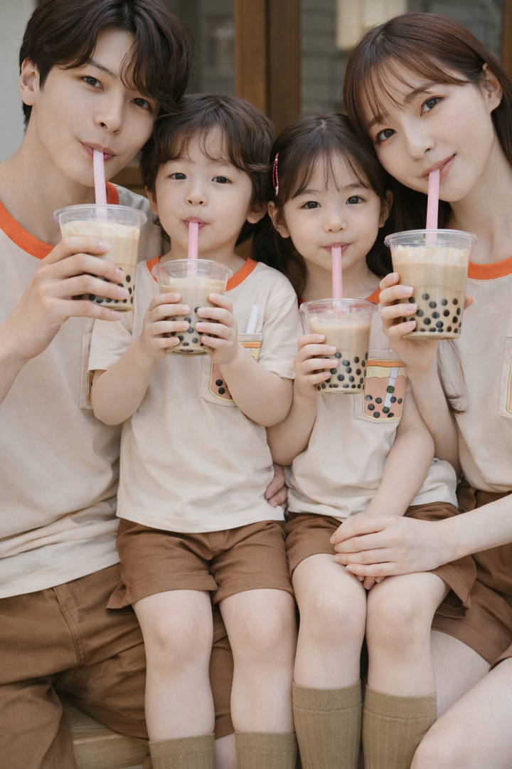 爸媽與兩名孩子穿杏色珍奶圖案親子T恤一起喝珍珠奶茶的近照