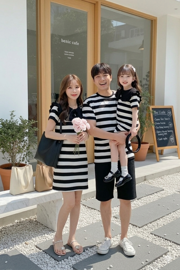 爸爸抱著女兒與媽媽展示黑白條紋T恤及黑色大翻領洋裝