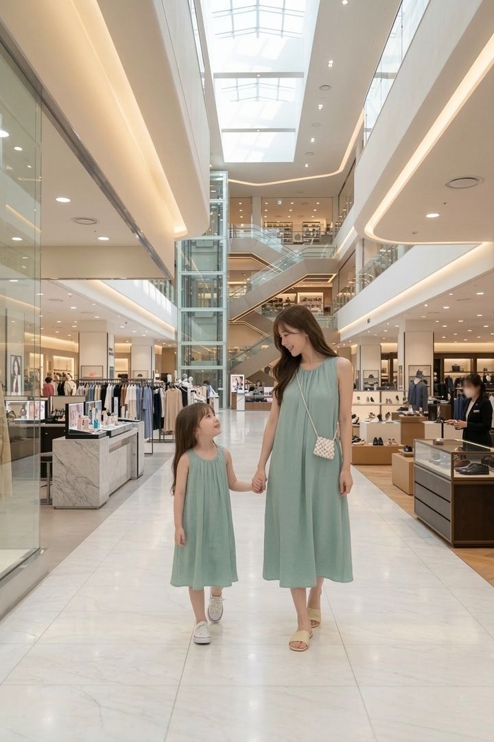 媽媽與女兒牽手展示湖水藍無袖母女洋裝