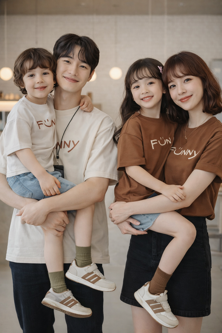 爸媽抱著孩子展示米白與咖啡色FUNNY字樣短袖親子T恤