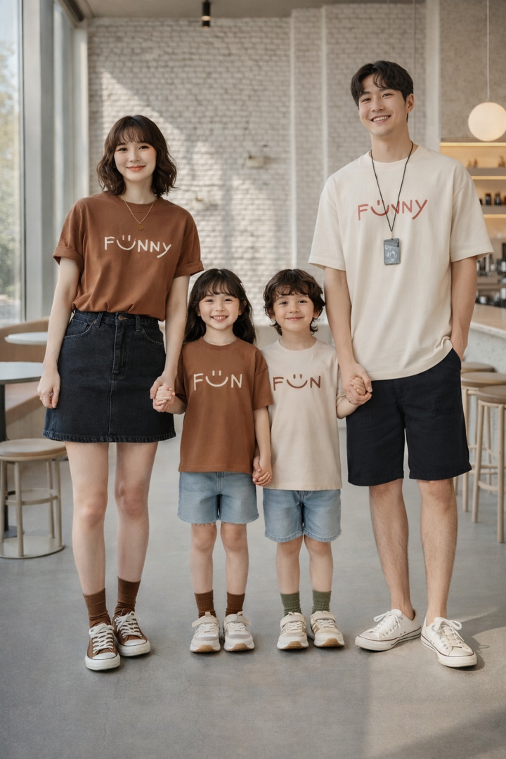 一家四口穿米白與咖啡色FUNNY字樣短袖T恤的全身合照