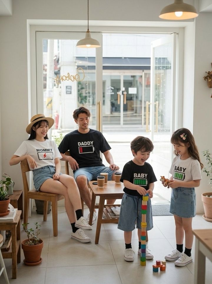一家四口穿電池圖案親子T恤，孩子在咖啡店內玩積木