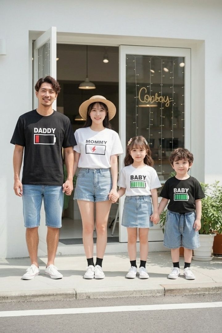 一家四口穿黑白電池圖案短袖T恤搭配牛仔下身的親子裝