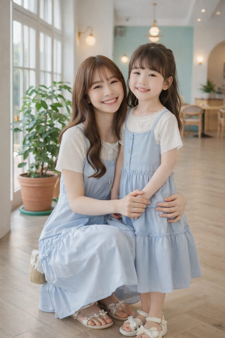 淺藍層次吊帶洋裝搭白色短袖上衣母女裝，媽媽蹲在女童身旁