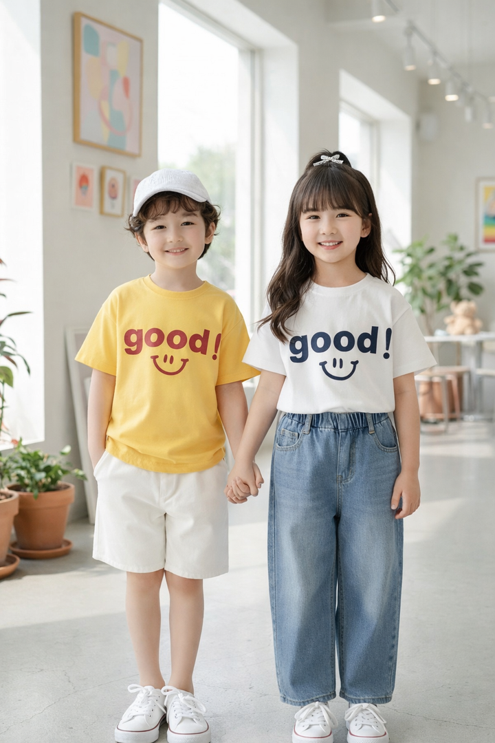黃色與白色good笑臉短袖T恤，男童女童牽手站姿