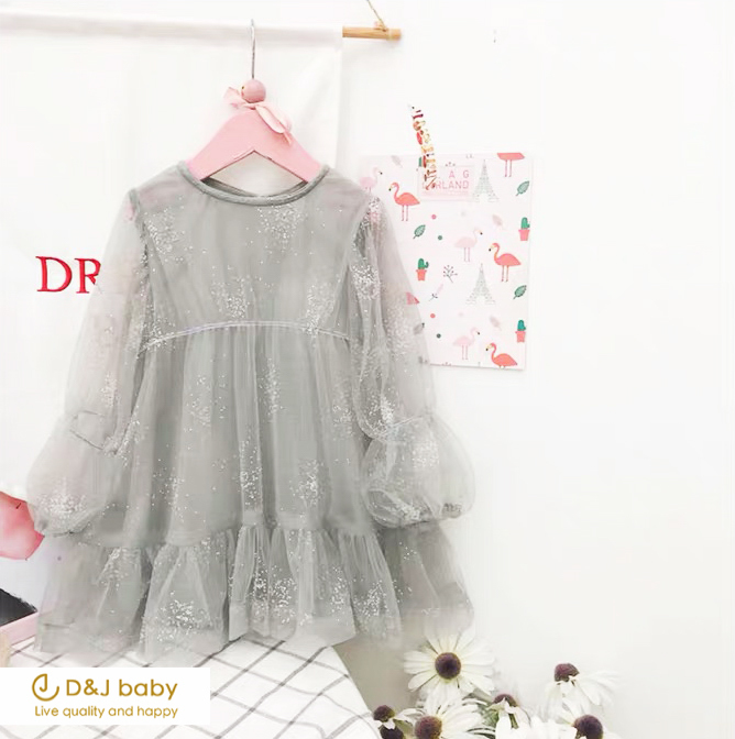 灰色燙鑽網紗洋裝 - D&J baby