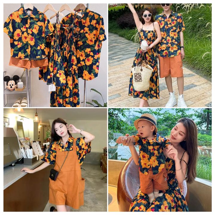 復古風夏花親子裝，花卉襯衫與洋裝及家庭穿搭拼圖