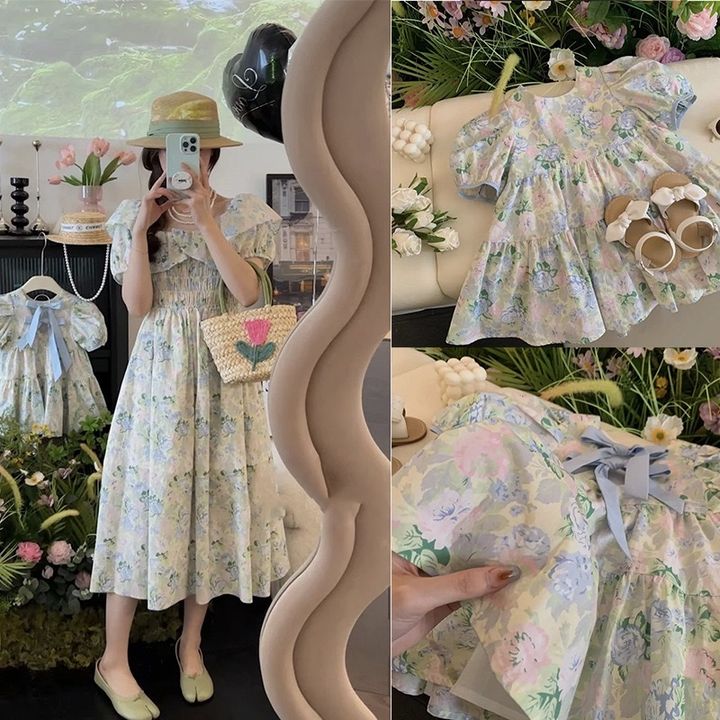 淺色碎花母女洋裝拼圖，展示媽媽穿搭與女童蝴蝶結細節