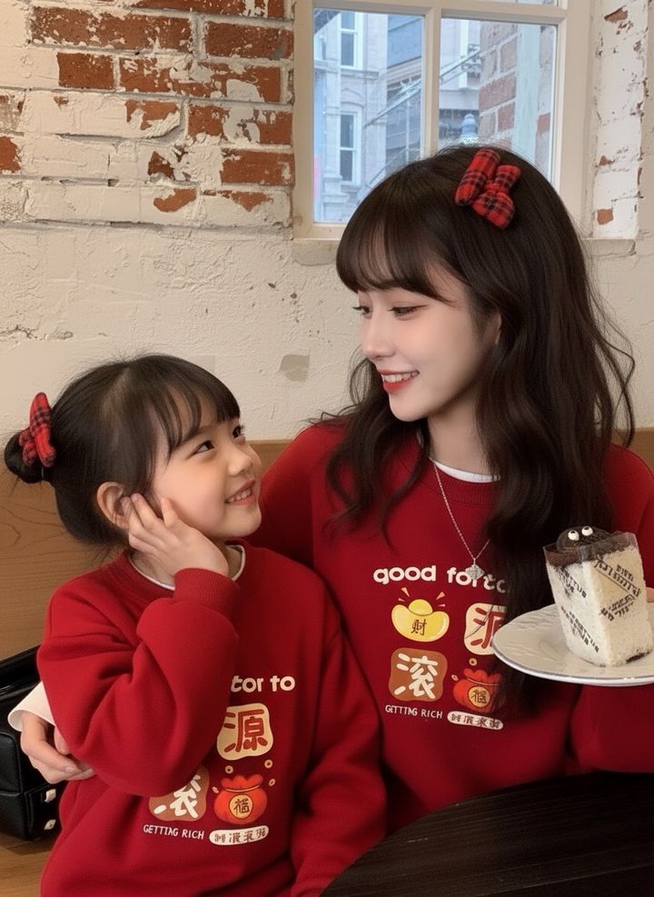 紅色財源滾滾圖案長袖親子裝，母女在咖啡桌旁對望