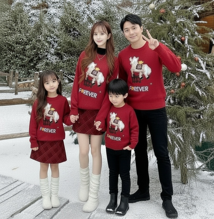 紅色FOREVER小馬圖案毛衣親子裝，全家四人雪景站姿