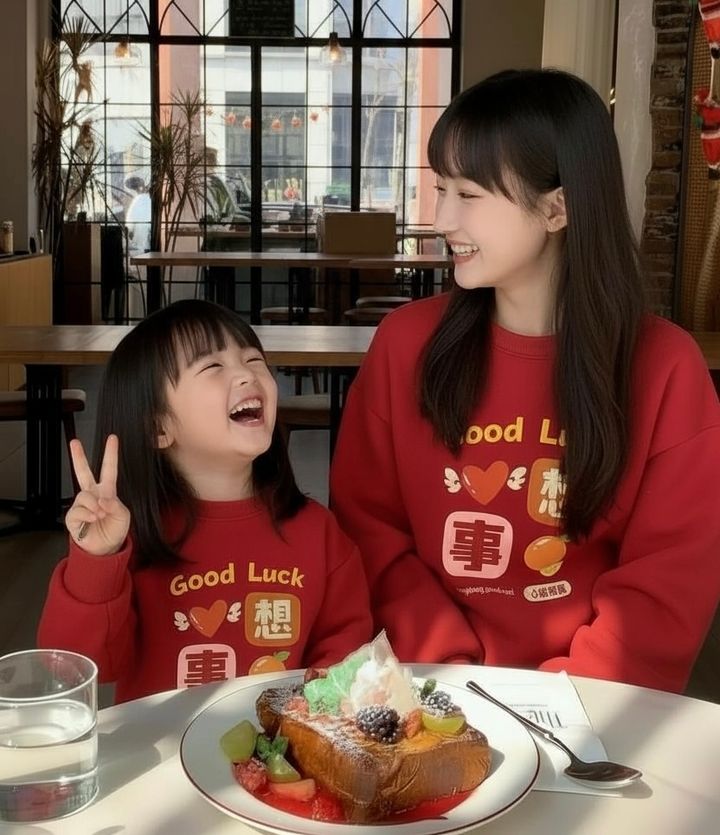 紅色心想事成圖案長袖親子裝，母女在甜點桌旁對望