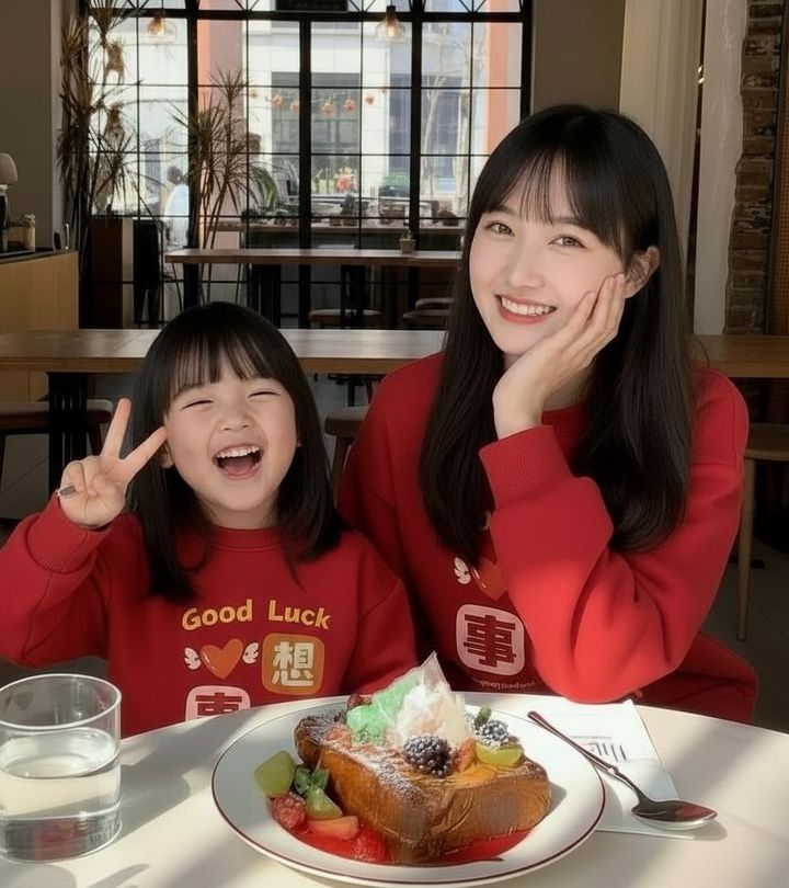 紅色心想事成圖案長袖親子裝，母女在甜點桌旁比手勢