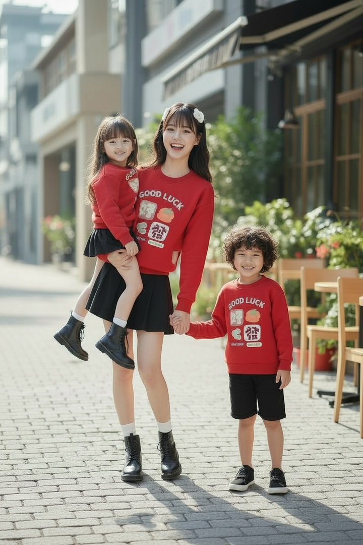 紅色好事花生圖案長袖親子裝，媽媽抱著女童並牽著男童的戶外站姿