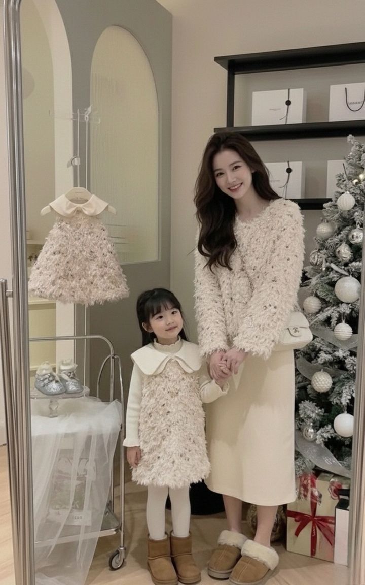 杏色毛絨感上衣與女童背心裙，母女在聖誕樹旁牽手站姿