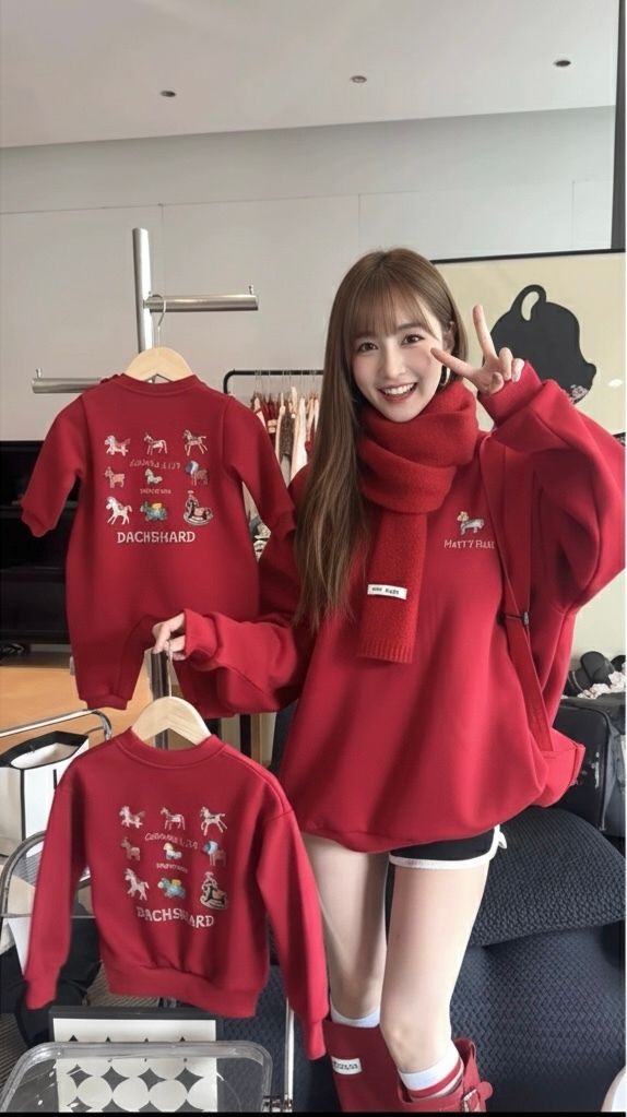 紅色小馬圖案長袖上衣，成人手持童裝與寶寶連身衣吊掛展示