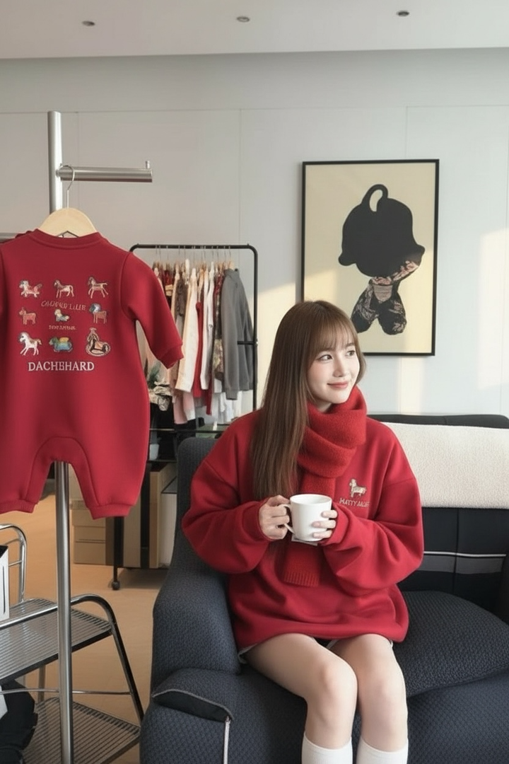 紅色小馬圖案長袖上衣，搭配紅圍巾坐在沙發上手持杯子