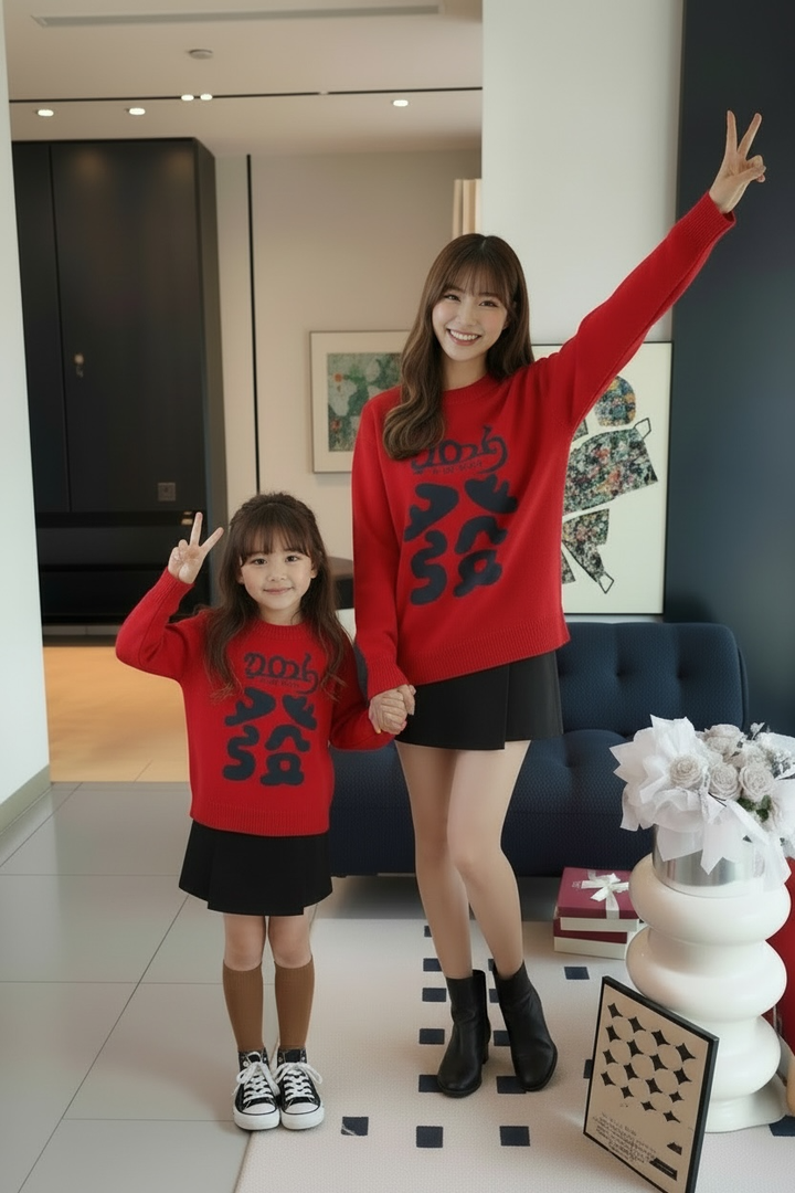 紅色2026發字長袖親子裝，母女舉手比手勢的室內站姿