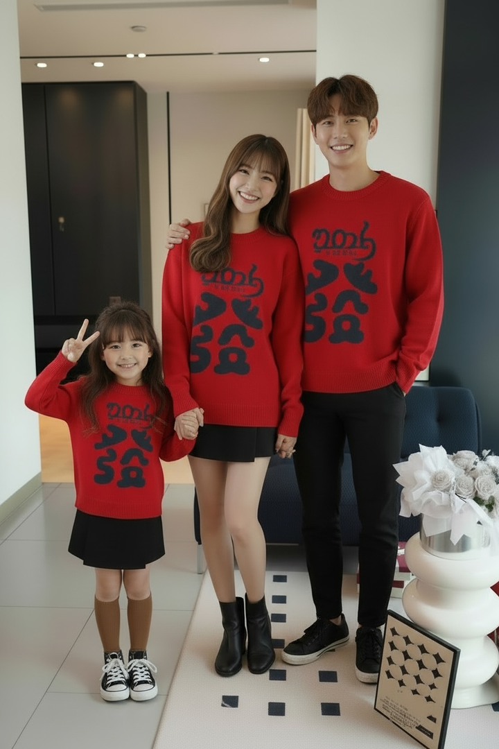 紅色2026發字長袖親子裝，父母與女童室內全身合照