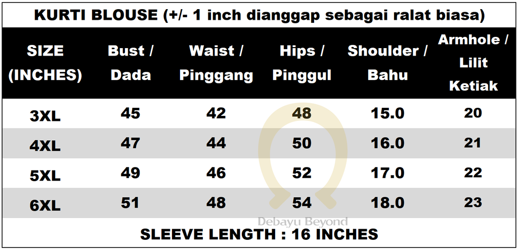 AARVI plus size - size chart