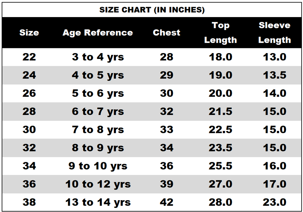 Boys Kurta T0465 Size Chart revised
