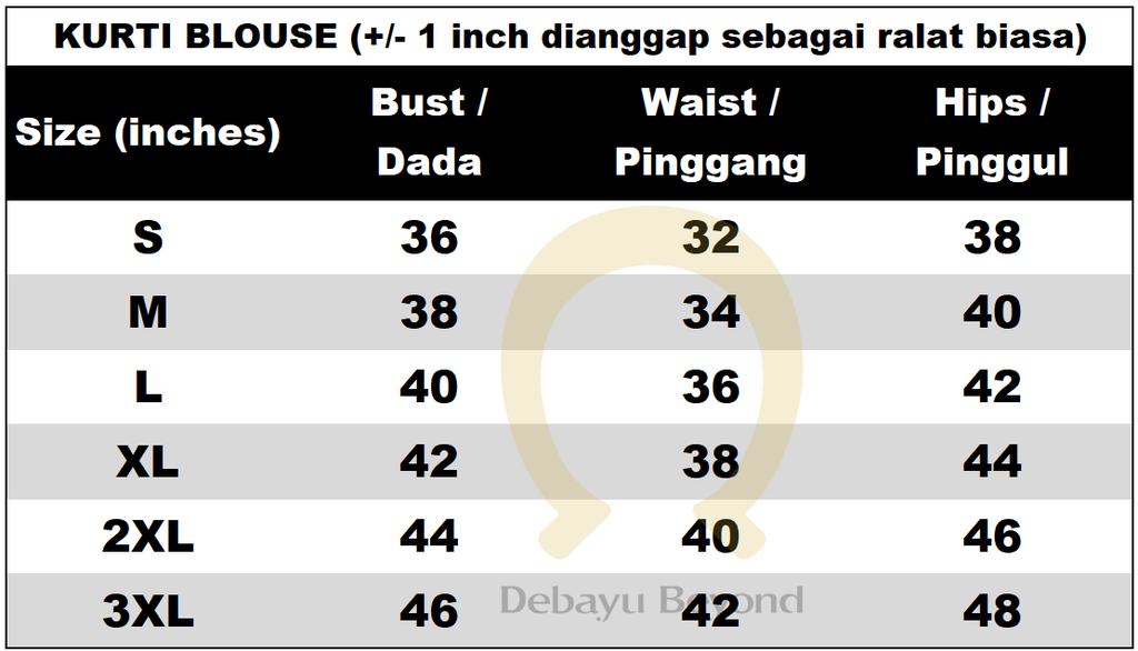 Indo Era size chart - Top