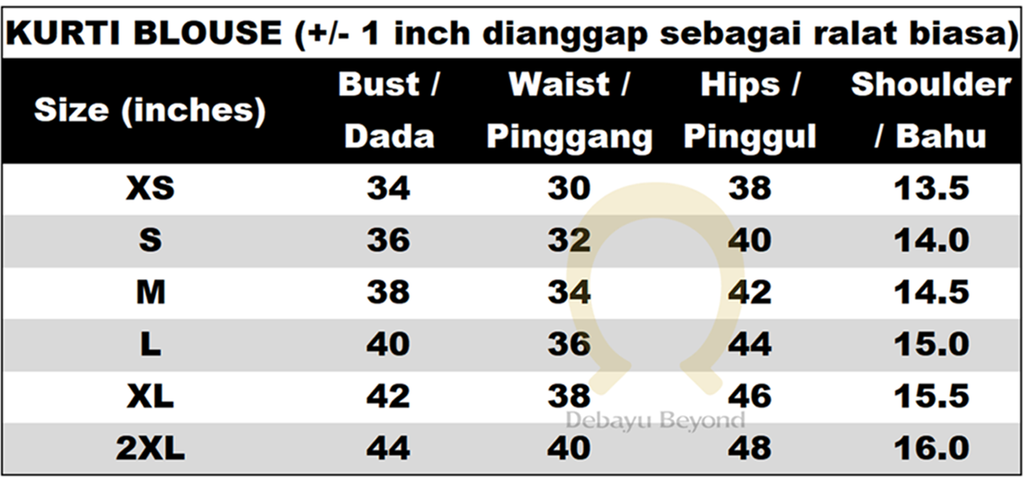 A Stylum size Chart - Regular