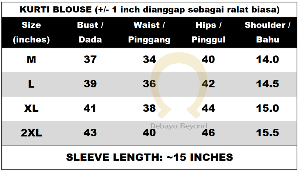 Diya Trend - Size chart