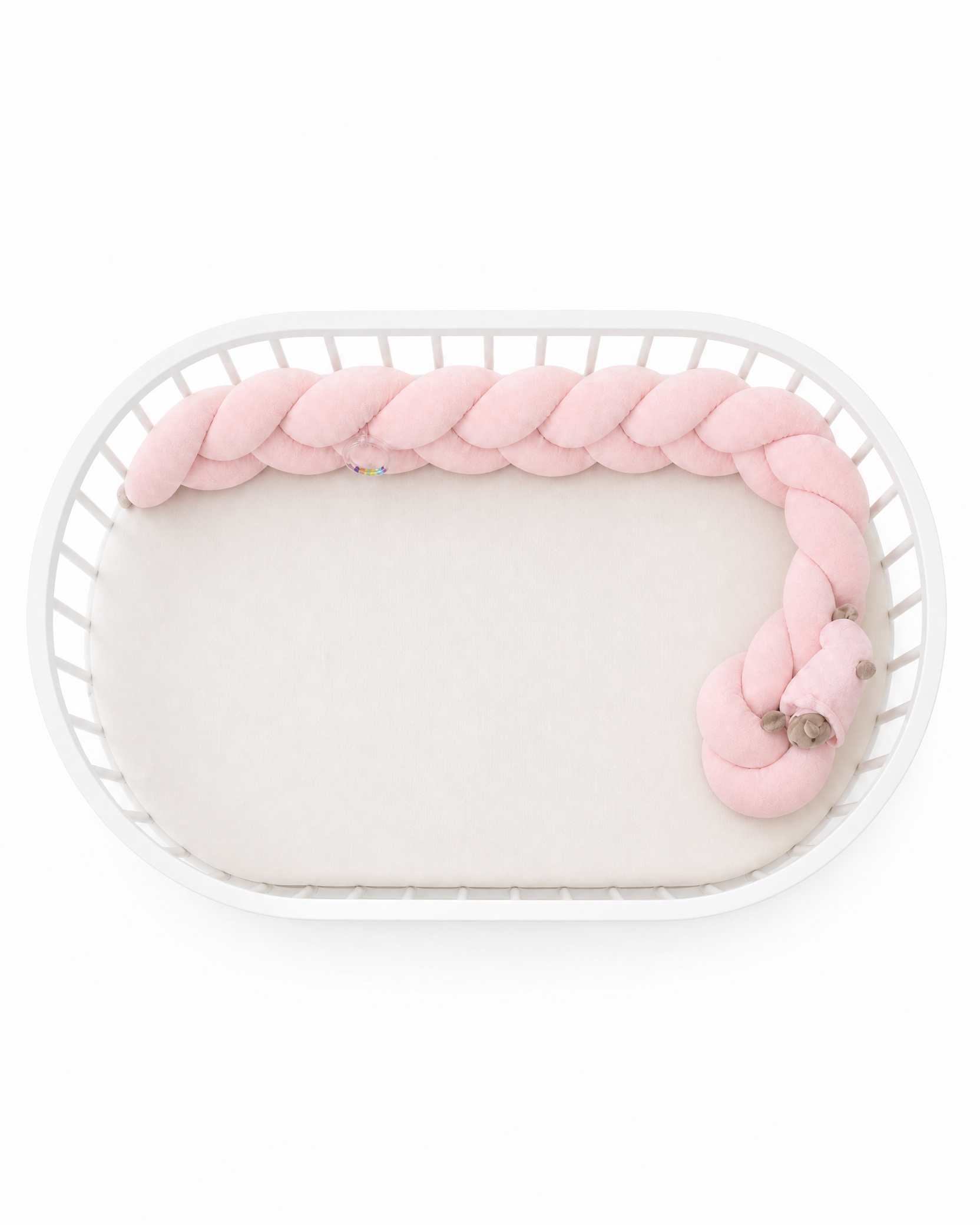 white_oval_crib_with_original_bumper_top_view
