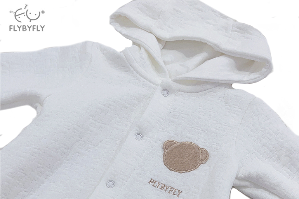 3D Bear Hooded Romper with Feet Covered (White) closedup