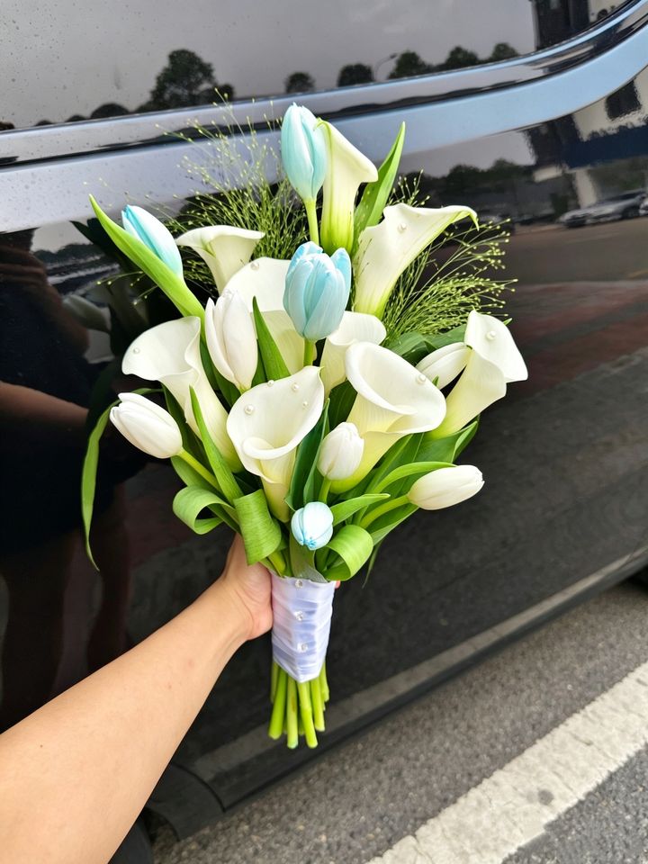 White Calla Lily & Blue Tulip Bridal Bouquet