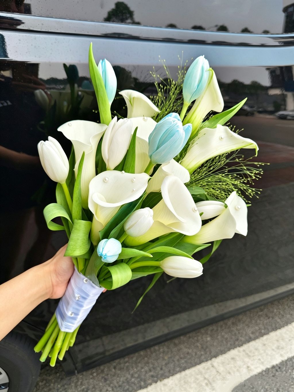 White Calla Lily & Blue Tulip Bridal Bouquet