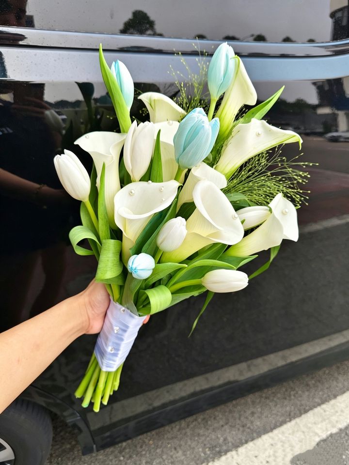 White Calla Lily & Blue Tulip Bridal Bouquet