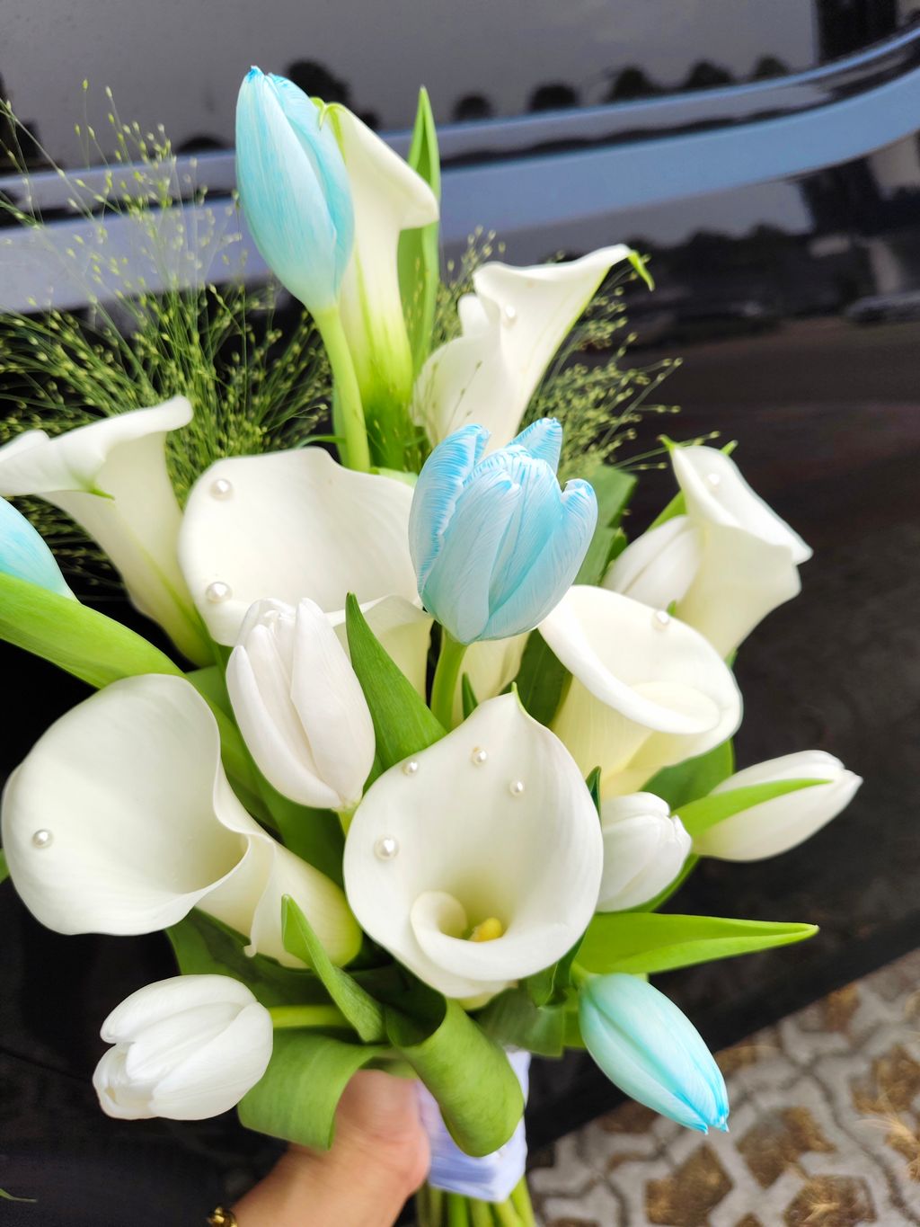 White Calla Lily & Blue Tulip Bridal Bouquet