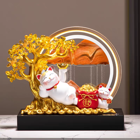 Lucky Cat Opening Flower 发财树招财猫流沙灯圈