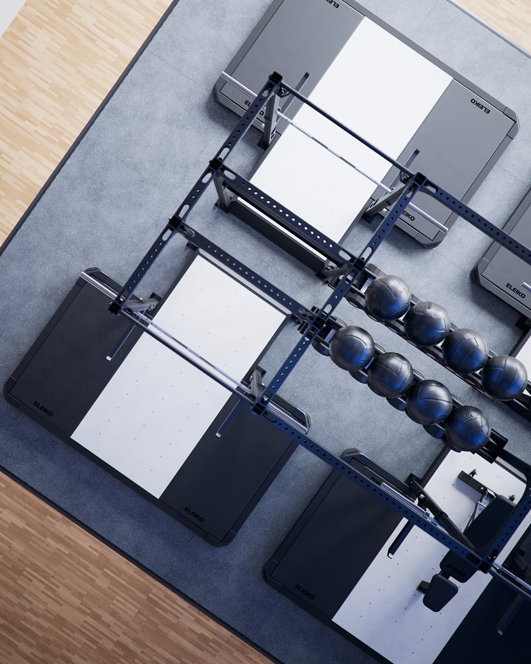Eleiko platforms, racks and medicine balls seen from above