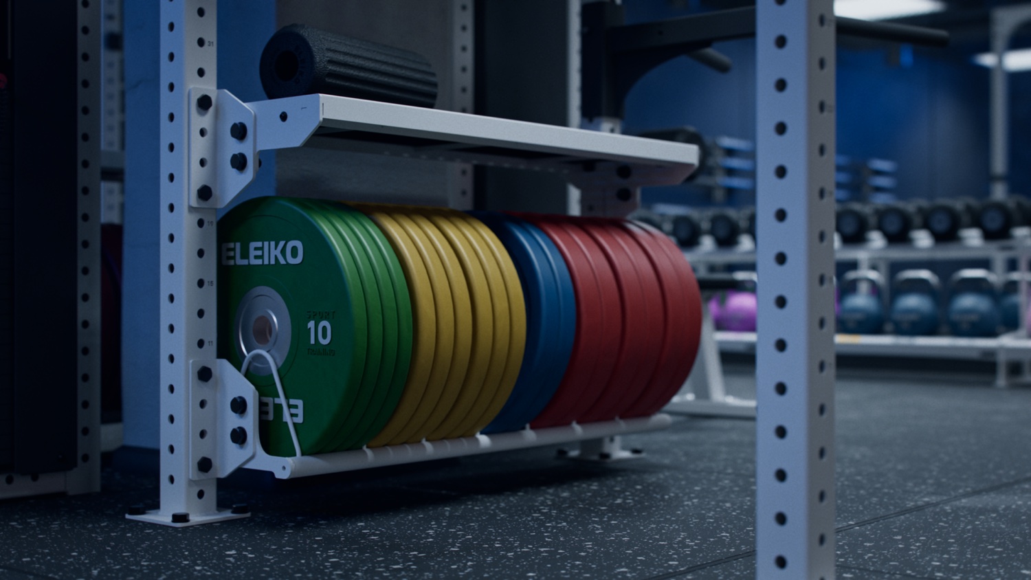 Eleiko sport training plates on a storage rack