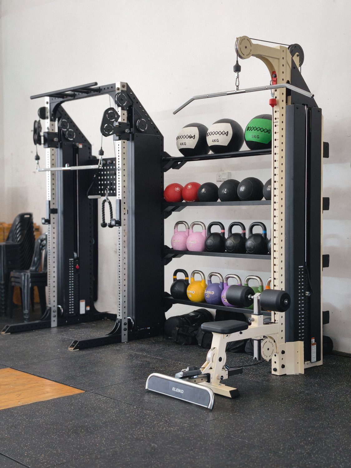 Eleiko racks, kettlebell storage and a bench in the Zealfit Malaysia showroom
