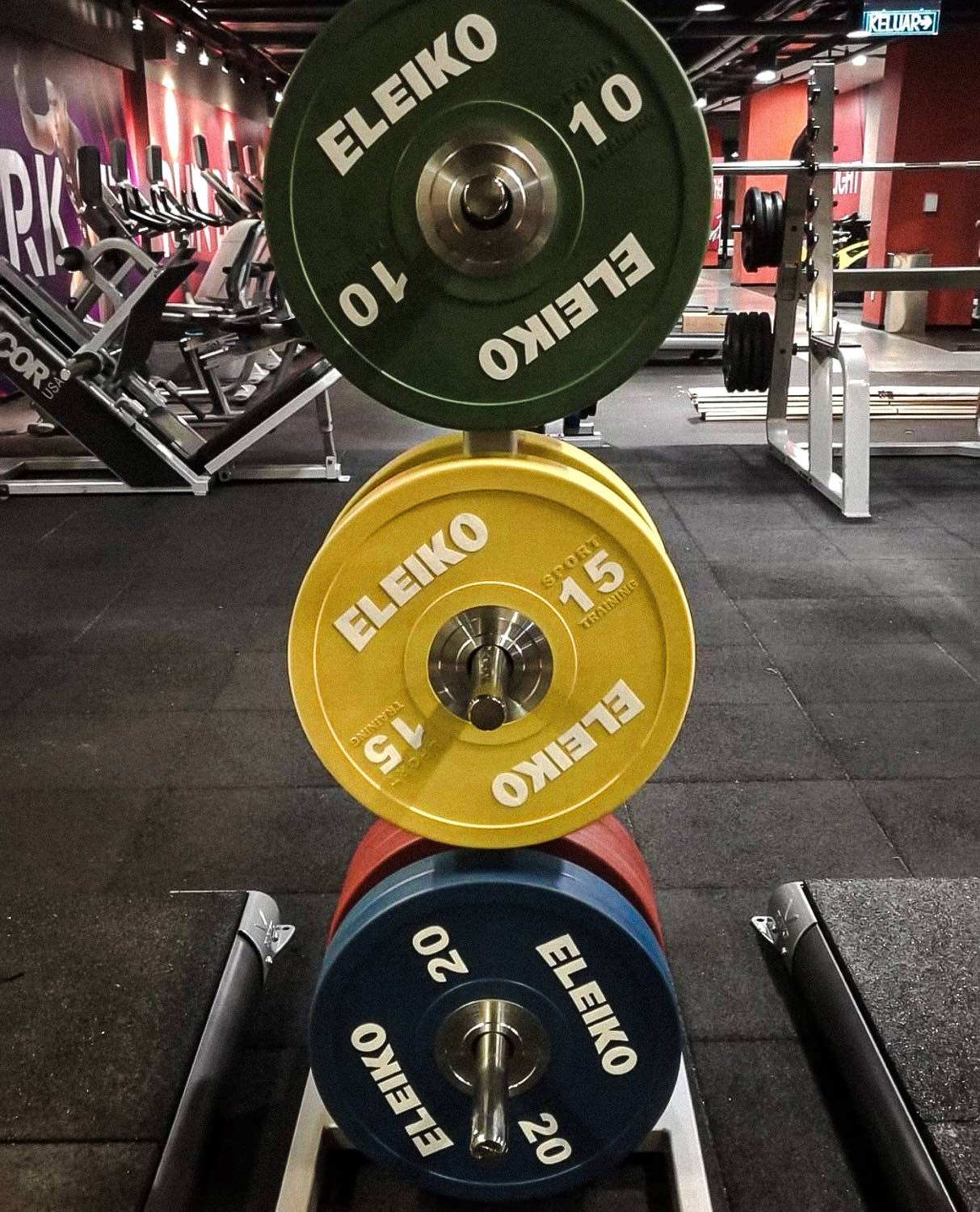 Eleiko plates stacked on a plate tree at Celebrity Fitness Jaya One