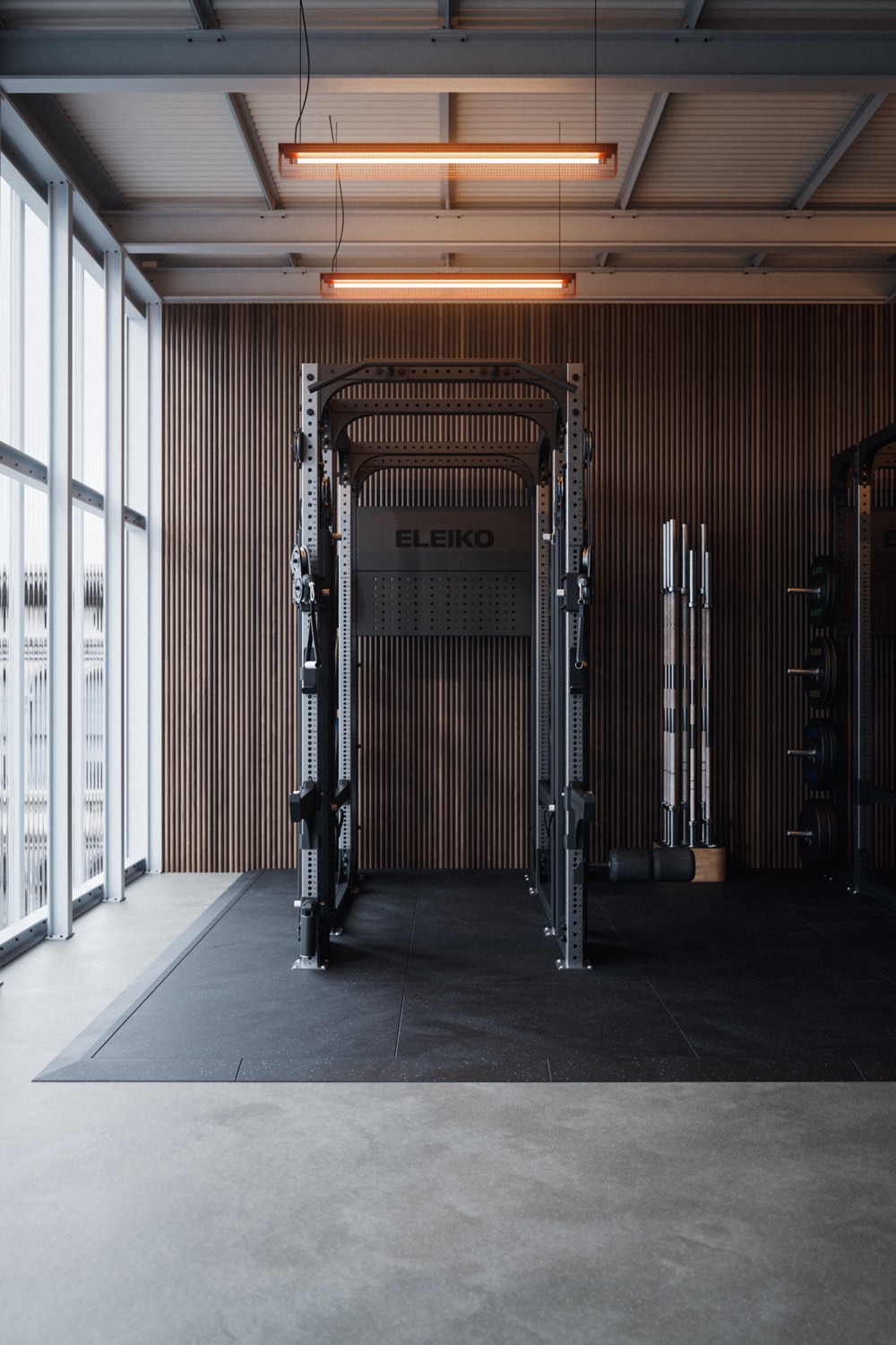 An Eleiko rack in a corporate gym with timber walls and tall windows