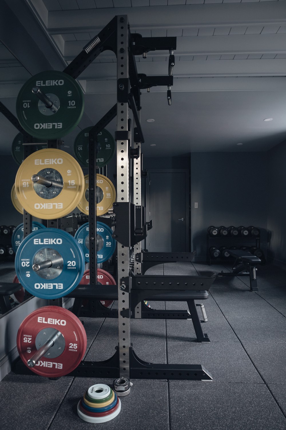 An Eleiko rack with coloured plates in a residential gym