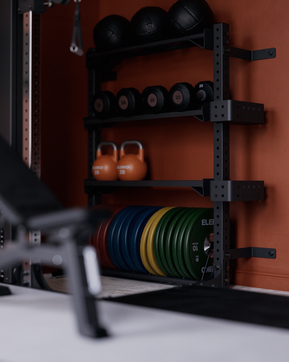 Kettlebells, dumbbells, medicine balls and plates on an Eleiko storage rack