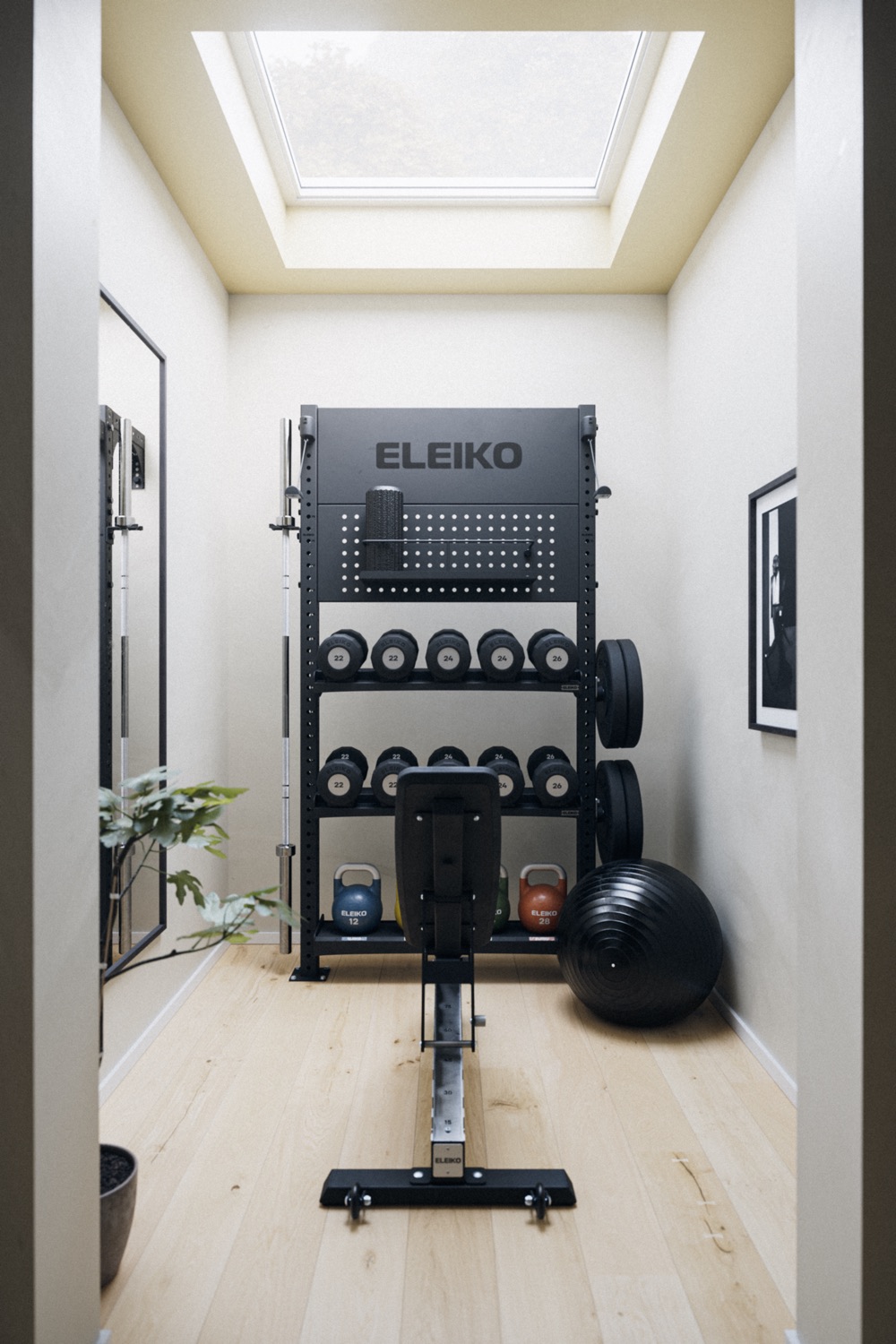 A compact Eleiko rack, bench and storage under a skylight