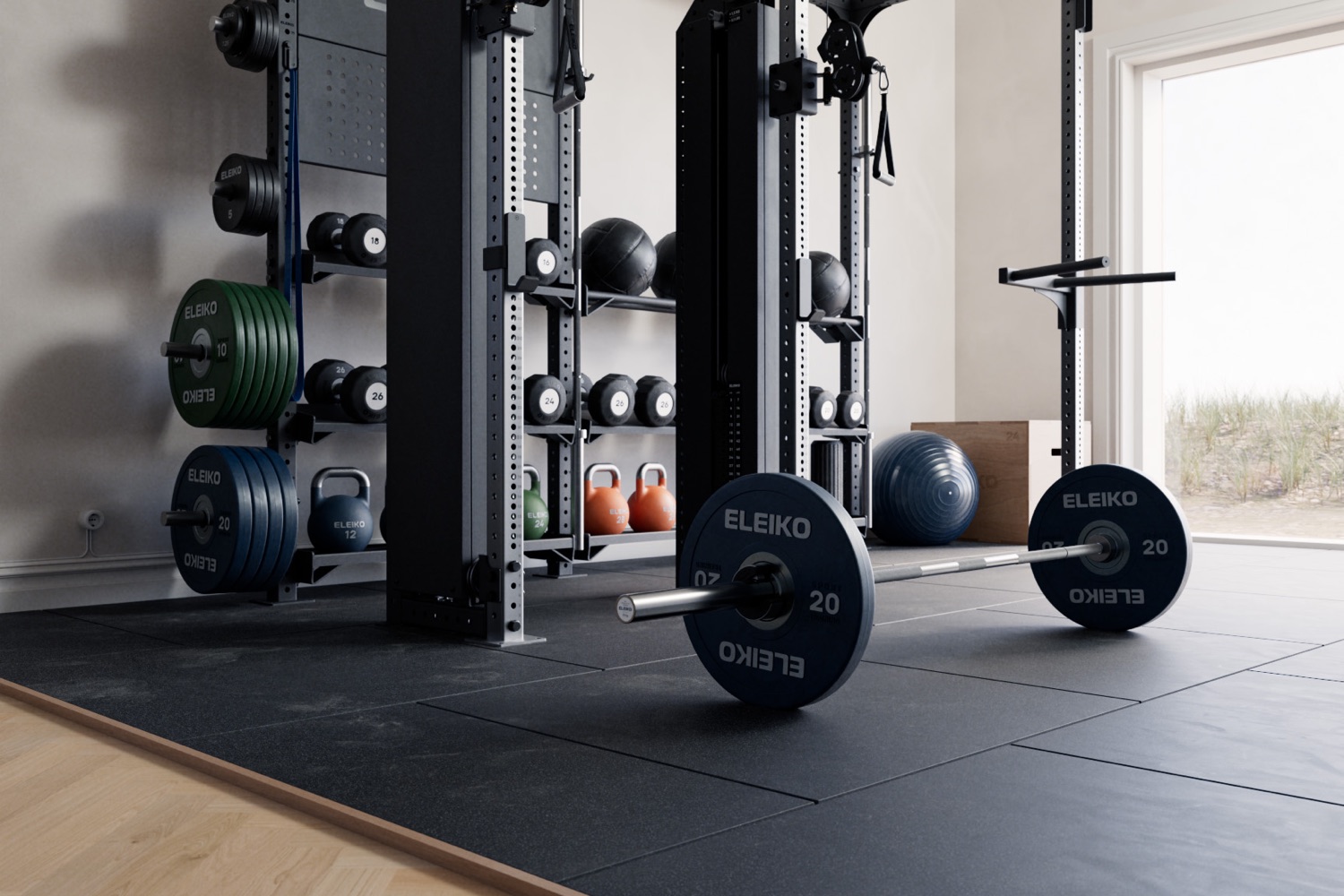 An Eleiko rack with plate storage and a loaded barbell