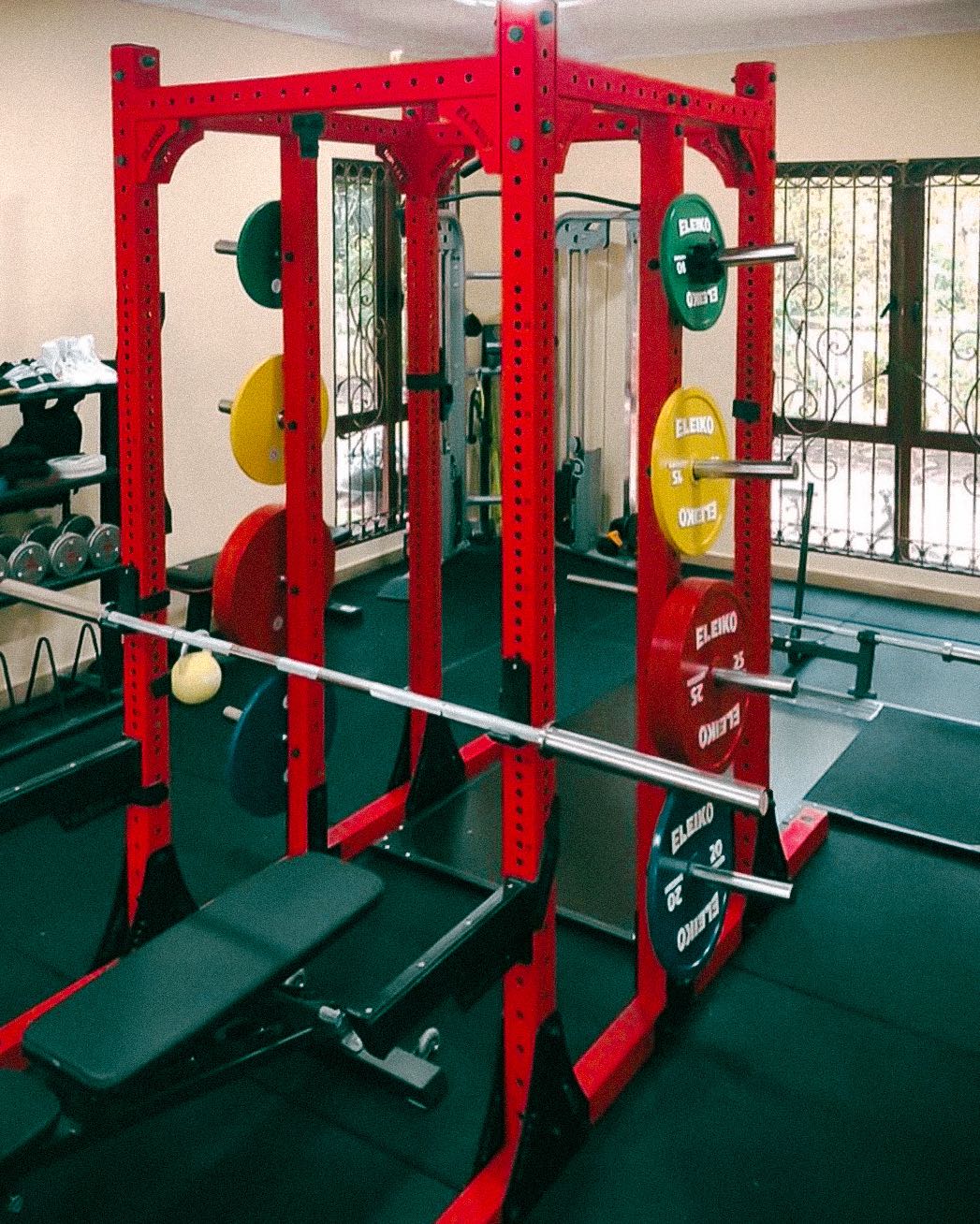 A red Eleiko rack with coloured plates in a home gym