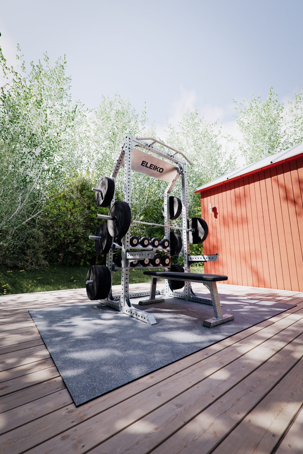 An outdoor deck with an Eleiko rack, plates and a bench